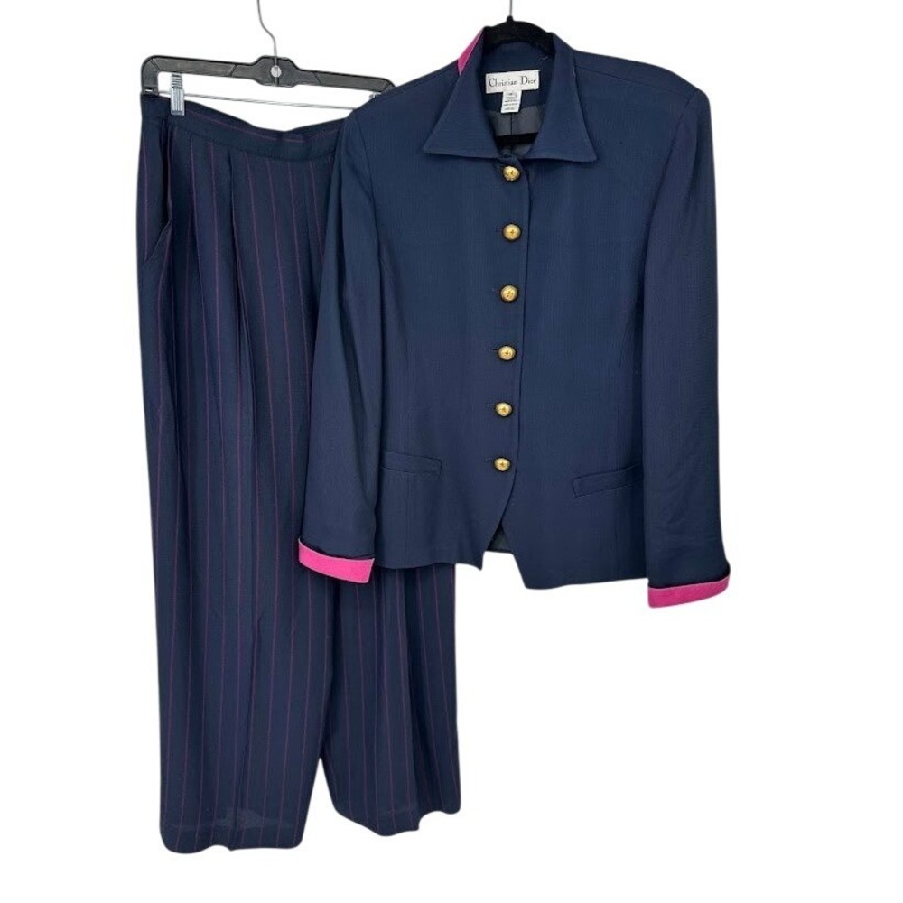 Vintage Christian Dior Womens Navy Pink Pant Suit Gold Button Blazer Size 16